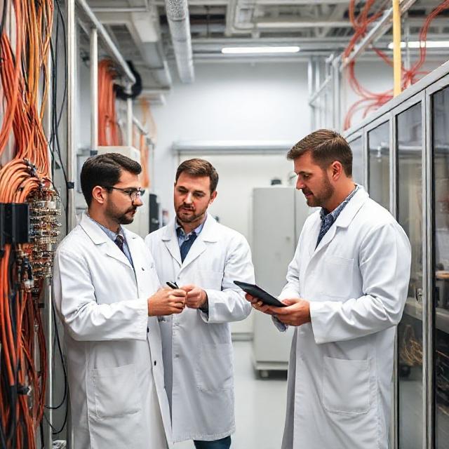 Engineers testing electrical cables in a fire testing laboratory